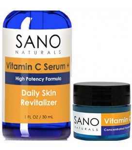 Vitamine C Sérum Visage 20% + Bonus GRATUIT Crème pour les yeux avec de l'acide hyaluronique pour Anti rides, Soin Anti Aging Sk