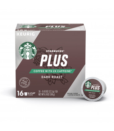 Starbucks Plus Coffee 2X Caffeine Dark Roast Single Cup Coffee for Keurig Brewers One Box of 16 (16 Total K-Cup Pods)