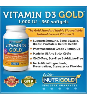 Vitamin D3 GOLD - 1000 IU, 360 Softgels (GMO-free, Preservative-free, USP Grade Vitamin D from natural source)