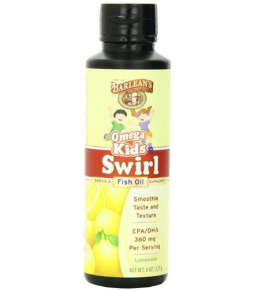 Barlean's Organic Oils Kid's Omega Swirl Fish Oil, Lemonade Flavor, 8 Ounce Bottle